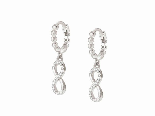 Zwei Ohrhänger in Infinity-Form aus rhodiniertem Sterling Silber mit funkelnden Zirkonia. Elegant und zeitlos, ideal für jeden Anlass. Hersteller ist Nomination, Modell LOVECLOUD.