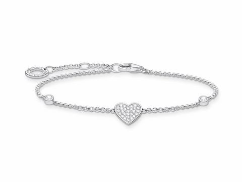 Silbernes Armband aus der Thomas Sabo Charming Collection mit Herzanhänger, besetzt mit klaren Zirkonia, Größe verstellbar von 16 bis 19 cm. Eleganter Armschmuck für jeden Anlass.