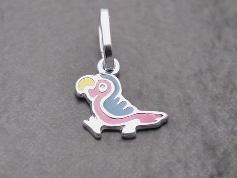 Papagei Anhänger aus Sterling Silber in niedlicher, bunten Lackierung in Türkis, Gelb und Pink, ideal für Kinder, hergestellt von Juwelier Harnisch.