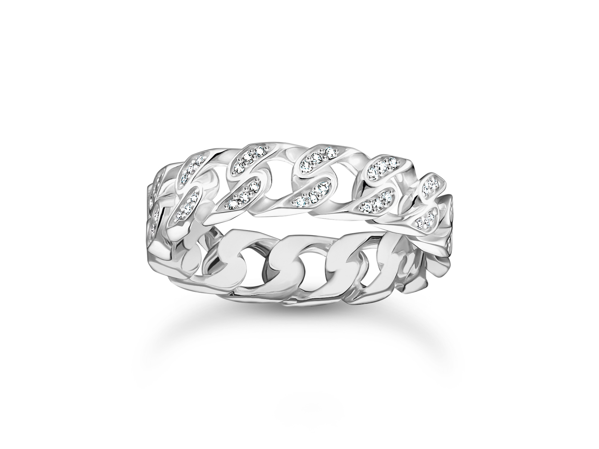 Ein silberner Ring mit Panzerkettendesign und funkelnden Steinen, Modell TR2500-051-14-50 von Thomas Sabo, aus der Rebel Basics Kollektion, Größe 50, elegant und modern.