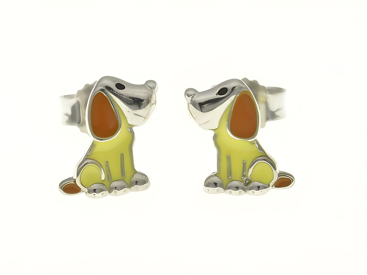 Hund Ohrstecker aus sterling Silber rhodiniert mit buntem Lack in Gelb und Braun, süßes Design für Kinder, Hersteller Juwelier Harnisch.