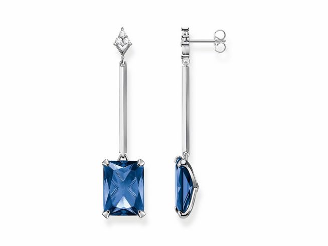 Thomas Sabo Ohrringe H2176-166-1 aus Sterling Silber mit Glas-Keramik Stein in Blau und Zirkonia, elegante Ohrhänger mit langem Design und funkelnden Details.