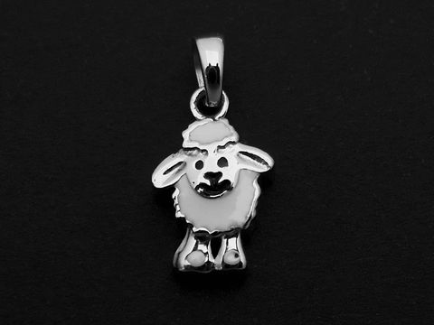 30853-0 Silber Anhänger in Schaf-Form für Kinder, tierisch gestaltet mit weiß-schwarzem Lack, hergestellt von Juwelier Harnisch. Ideal als süßes Accessoire.