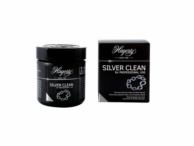 Hagerty Silver Clean 170 ml Tauchbad für Silberreinigung in schwarzem Behälter und passender Verpackung, geeignet für professionelle Anwendung, effektive Reinigungslösung für Silbergeschirr.