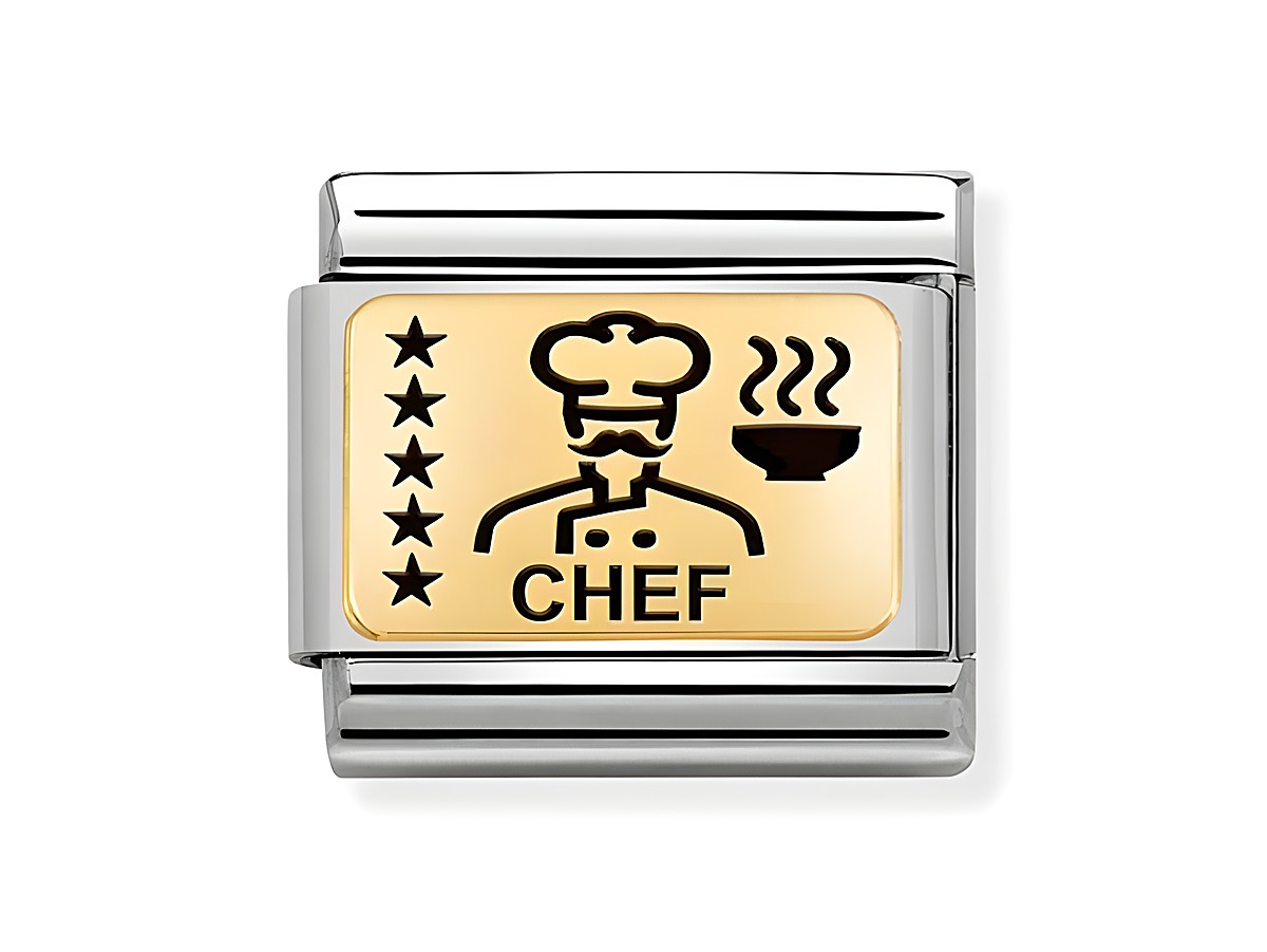 Edelstahl und Gold 585 Charm von Nomination Classic Gold mit emaillierter Darstellung eines Kochs und der Aufschrift Chef, verziert mit fünf Sternen und einem dampfenden Topf.