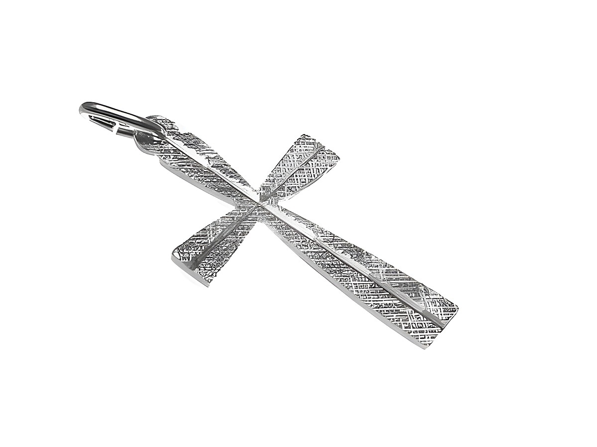 Mattierter Kreuz-Silber Anhänger rhodiniert von Juwelier Harnisch mit dekorativem Muster, glänzende Oberfläche und ansprechendes Design, ideal als Schmuckstück für verschiedene Anlässe.
