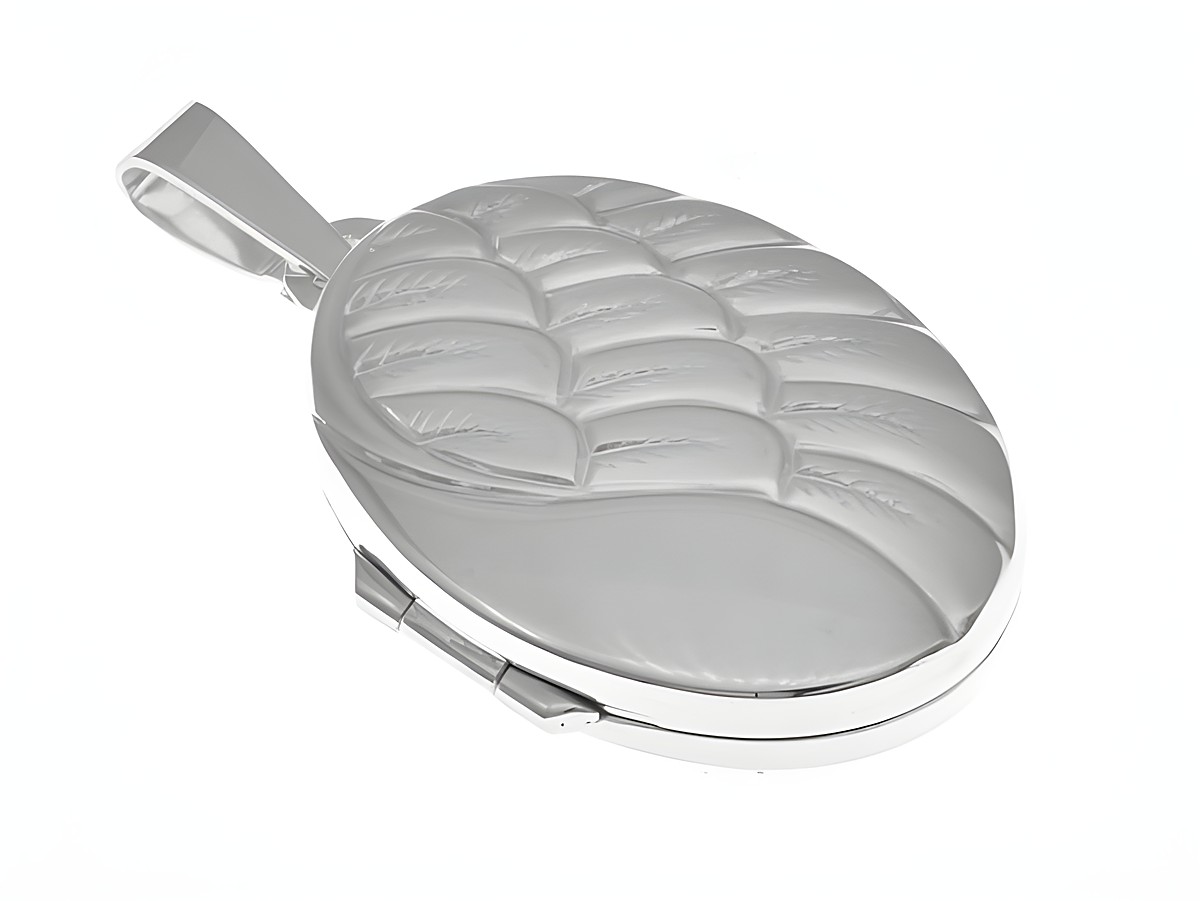 Medaillon aus Sterling Silber, oval mit rhodinierten und teilmattierten Flügeln, magisch designt. Hersteller: Juwelier Harnisch, ideal für besondere Erinnerungen.