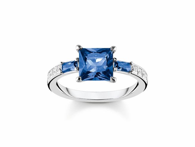 Thomas Sabo Ring TR2380-166-1-56 aus Sterling Silber mit Glas-Keramik Stein in Blau und Zirkonia, Größe 56, elegantes Design mit funkelnden Elementen.