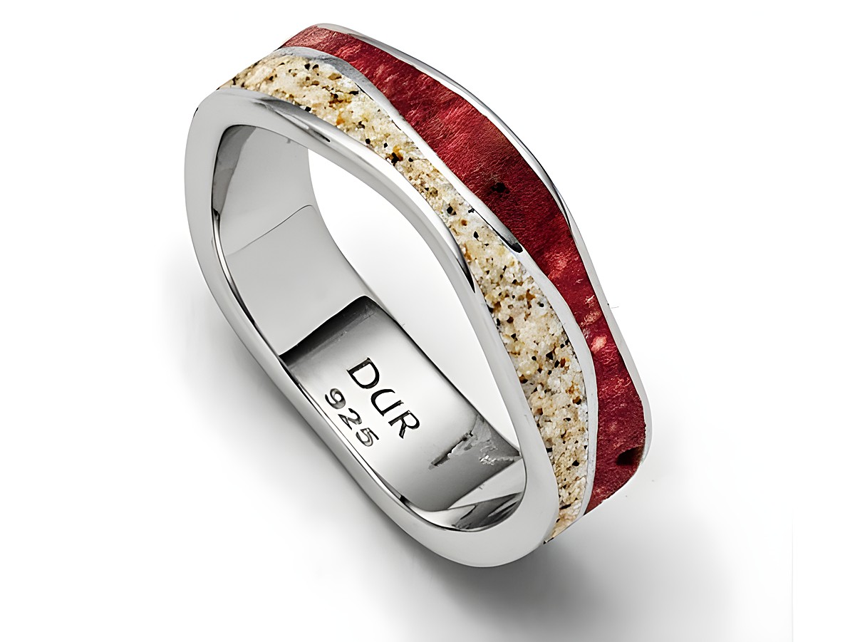 Sterling Silber Ring von DUR in Größe 52 mit einer einzigartigen Feuerwelle aus Strandsand und Koralle, elegant und modern gestaltet, ideal für stilbewusste Träger.