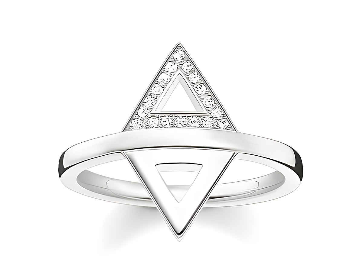 Ring von Thomas Sabo D_TR0019-725-14-52 aus Silber mit weißem Diamantbesatz, in Größe 52, zeigt ein modernes, geometrisches Design mit Dreiecken.