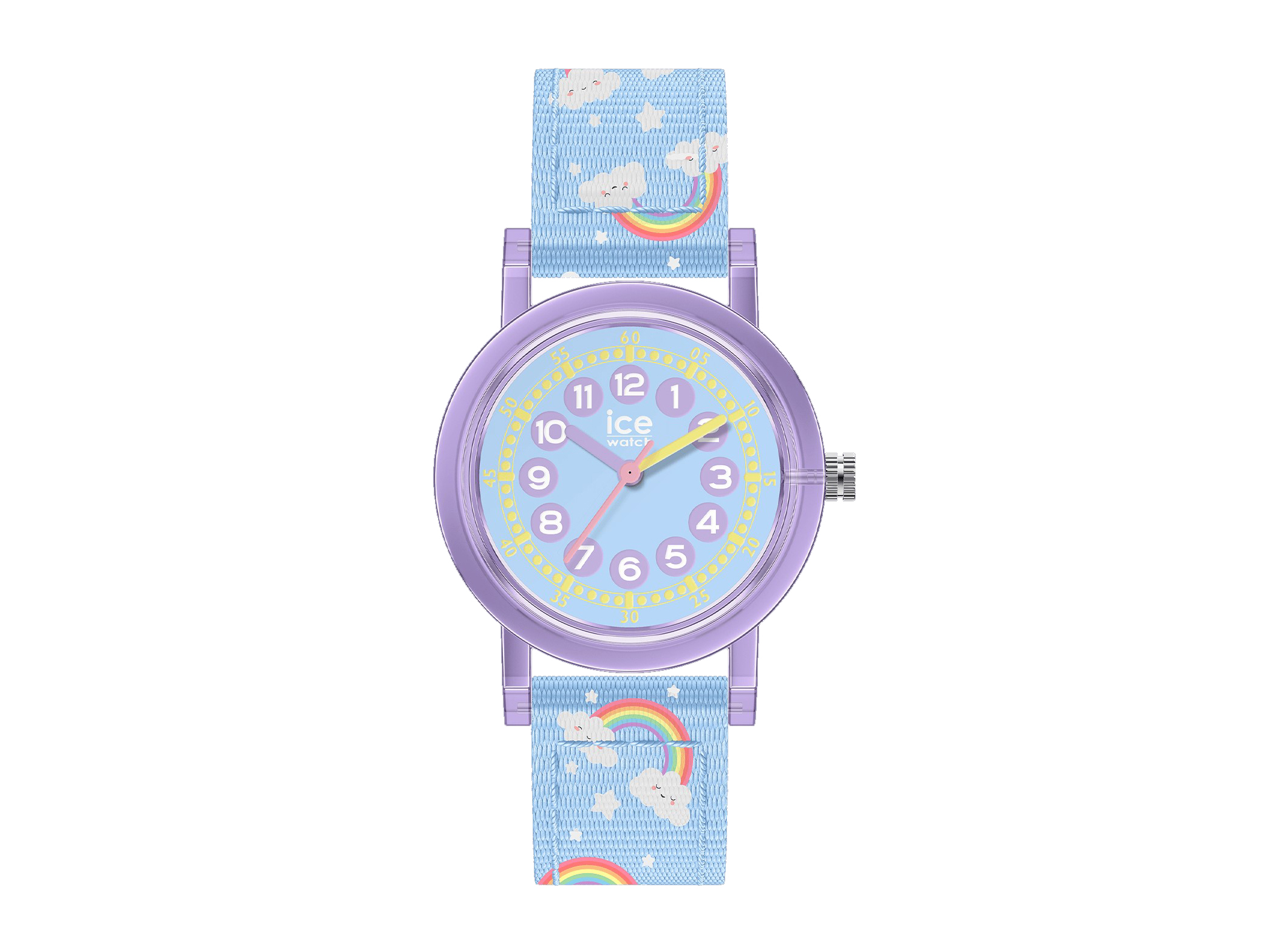 ICE learning Uhr in Lila und Blau mit einem bunten Armband. Das Ziffernblatt ist blau mit lilafarbenen Ziffern und zeigt Wolken und Regenbögen. ideal für Kinder. Hersteller Pandora. Neuheiten.
