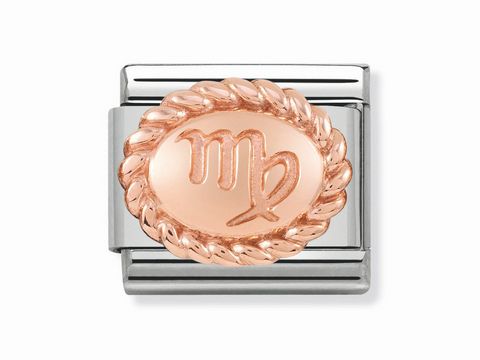 Jungfrau Sternzeichen OVAL von Nomination in Rosé mit einem eleganten, gepflogenen Rand und stilisiertem Zeichen für das Sternzeichen Jungfrau, hergestellt von Nomination.