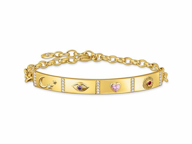 Silbernes Thomas Sabo Armband A2139-995-7-L19V mit synthetischem Korund und bunten Zirkonia, verziert mit symbolischen Elementen wie Mond, Auge, Herz und Sonne.