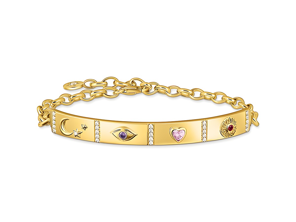 Silbernes Thomas Sabo Armband A2139-995-7-L19V mit synthetischem Korund und bunten Zirkonia, verziert mit symbolischen Elementen wie Mond, Auge, Herz und Sonne.