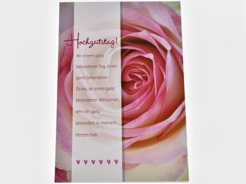 Hochzeitskarte mit einer rosefarbigen Rose im Hintergrund und dem Text Hochzeittag An einem ganz besonderen Tag in elegantem Design, Hersteller Juwelier Harnisch, Hochzeitskarten.