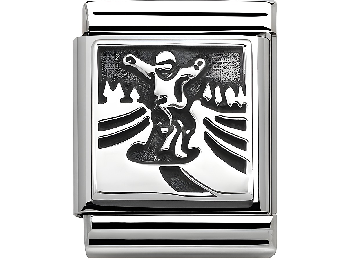 Edelstahlarmband mit Anhänger aus Silber 925, der einen Snowboarder in Aktion darstellt, umgeben von einer winterlichen Landschaft. Ideal für Sport- und Freizeitliebhaber.