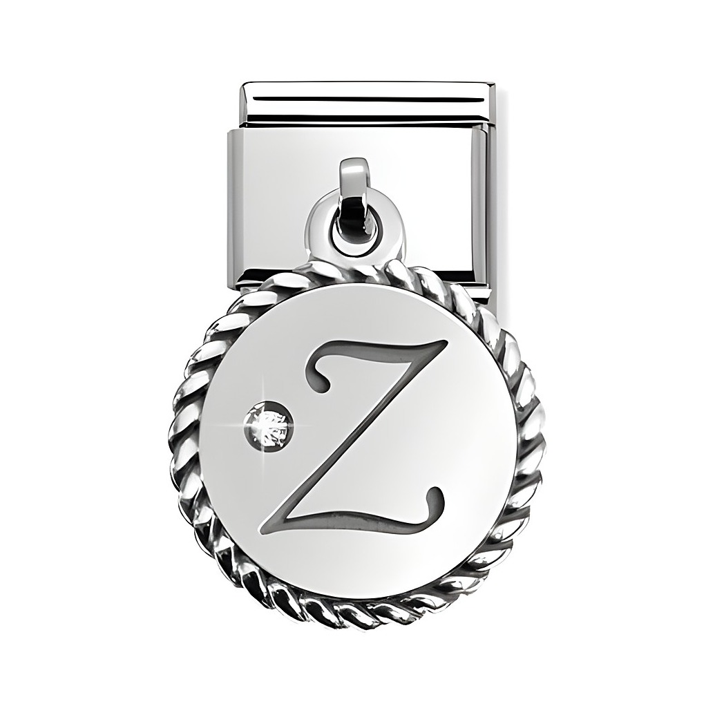 Silberner Buchstabe Z von Nomination mit einem glänzenden Stein, eingefasst in einem runden Rahmen mit einer gedrehten Drahtoptik, ideal für charmante Armbänder.