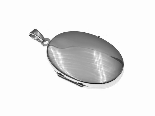 Silber Medaillon oval schlicht elegant rhodiniert von Juwelier Harnisch in hochwertiger Ausführung, glänzende Oberfläche, ideal für persönliche Erinnerungen oder als Geschenk.