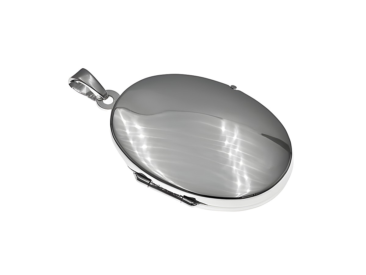 Silber Medaillon oval schlicht elegant rhodiniert von Juwelier Harnisch in hochwertiger Ausführung, glänzende Oberfläche, ideal für persönliche Erinnerungen oder als Geschenk.