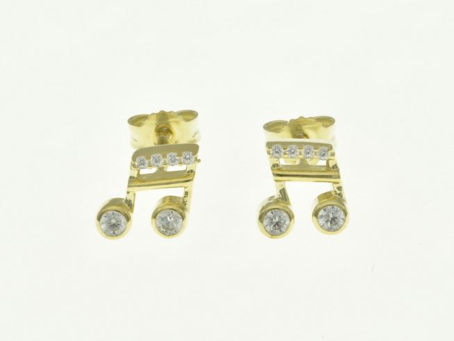 Musiknote Ohrstecker aus Sterling Silber in Bicolor Gelbgold mit Zirkonia, Hersteller Juwelier Harnisch, elegantes Design für musikbegeisterte Träger.