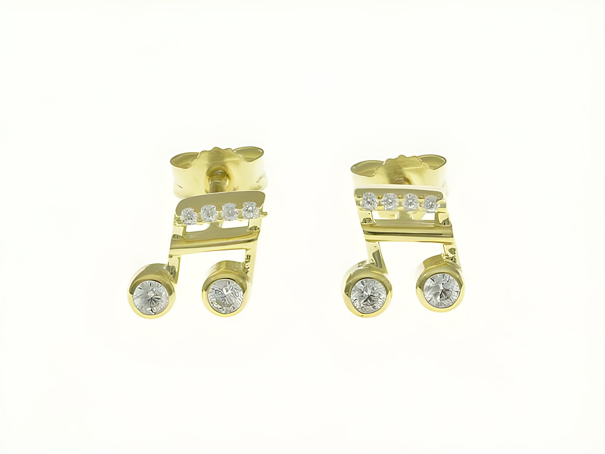 Musiknote Ohrstecker aus Sterling Silber in Bicolor Gelbgold mit Zirkonia, Hersteller Juwelier Harnisch, elegantes Design für musikbegeisterte Träger.