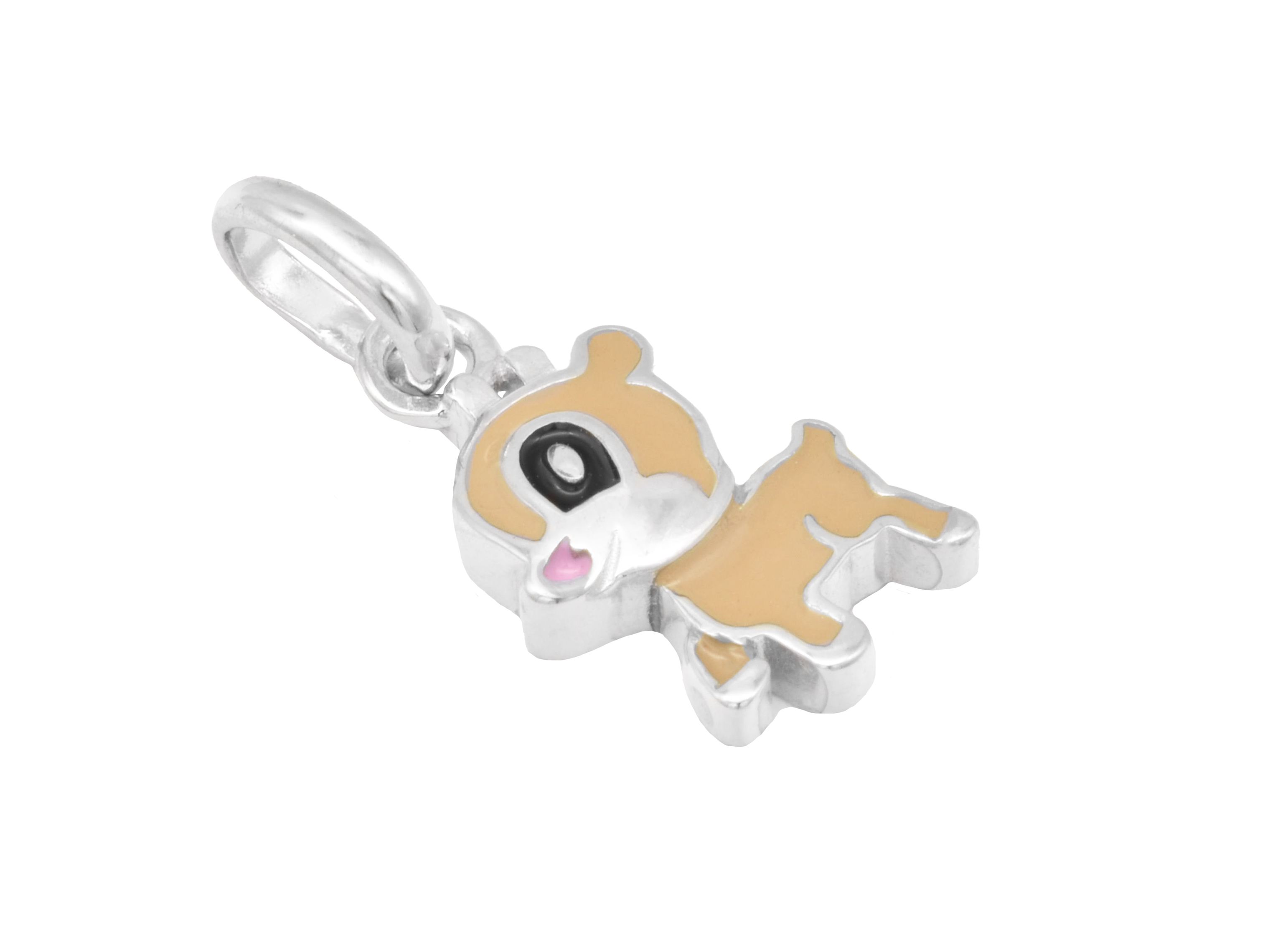 Reh Anhänger in Sterling Silber rhodiniert und poliert, gestaltet als Reh Kitz mit braunlackiertem Körper und schwarzen Augen, geeignet für Kinder und von Juwelier Harnisch.