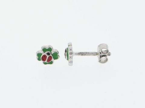 Ohrringe Silber rhod. mit Marienkäfer auf Kleeblatt, Glücksbringer, Hersteller Juwelier Harnisch, ideal für Kinder. Perfekt für einen fröhlichen Look und als Geschenk.