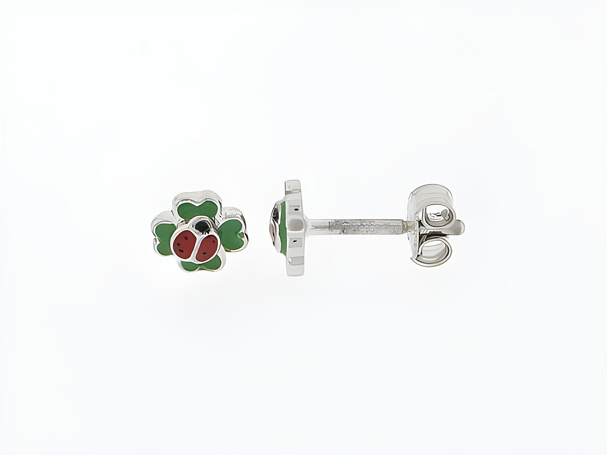Ohrringe Silber rhod. mit Marienkäfer auf Kleeblatt, Glücksbringer, Hersteller Juwelier Harnisch, ideal für Kinder. Perfekt für einen fröhlichen Look und als Geschenk.