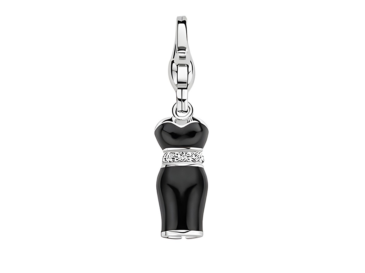 Charm in Form eines Cocktailkleids aus schwarzem Material mit silbernem Gürtel und funkelndem Detail, von Ti Sento, Modell 8446ZI. Ideal für stilvolle Akzente.