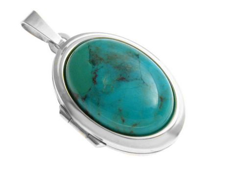 37119-0 Türkis Cabochon im ovalen Design, umgeben von rhodiniertem Sterling Silber, elegantes Medaillon des Juweliers Harnisch, ideal als Schmuckstück für besondere Anlässe.