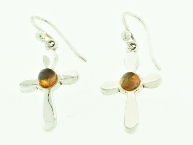 Ohrringe Kreuz Bernstein Silber 925 braun, Hersteller Juwelier Harnisch, Ohrhänger mit Stein. Elegante, schlichte Form mit einem Bernsteinstein in der Mitte. Ideal für besondere Anlässe.