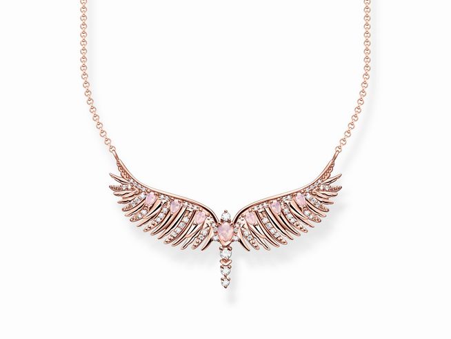 Kette aus Sterling Silber vergoldet in Roségold von Thomas Sabo mit einem Anhänger in Form von Phönixflügeln, verziert mit rosa und klaren Steinen. Elegant und geschmackvoll.