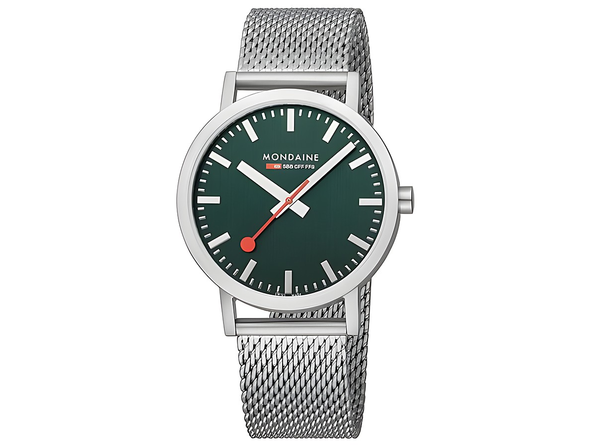 Mondaine Uhr Classic A660.30360.60SBJ mit 40 mm Gehäuse, Ziffernblatt in Waldgrün und glänzendem Milanaise-Armband aus Edelstahl. Das Design ist modern und zeitlos.