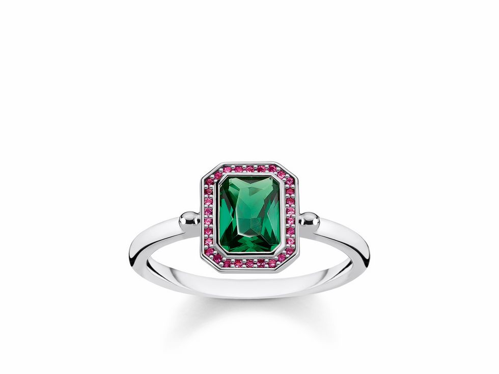 Ring von Thomas Sabo aus Sterling Silber in Größe 56 mit mehrfarbigem, rechteckigem Stein in der Mitte, umrahmt von pinken Steinen. Elegantes Design für jeden Anlass.