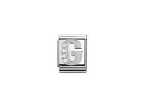 Silberner Charm von Nomination Big mit dem Buchstaben G, verziert mit Zirkonia, elegantes Design für personalisierbare Schmucksets. Ideal für jeden Anlass.