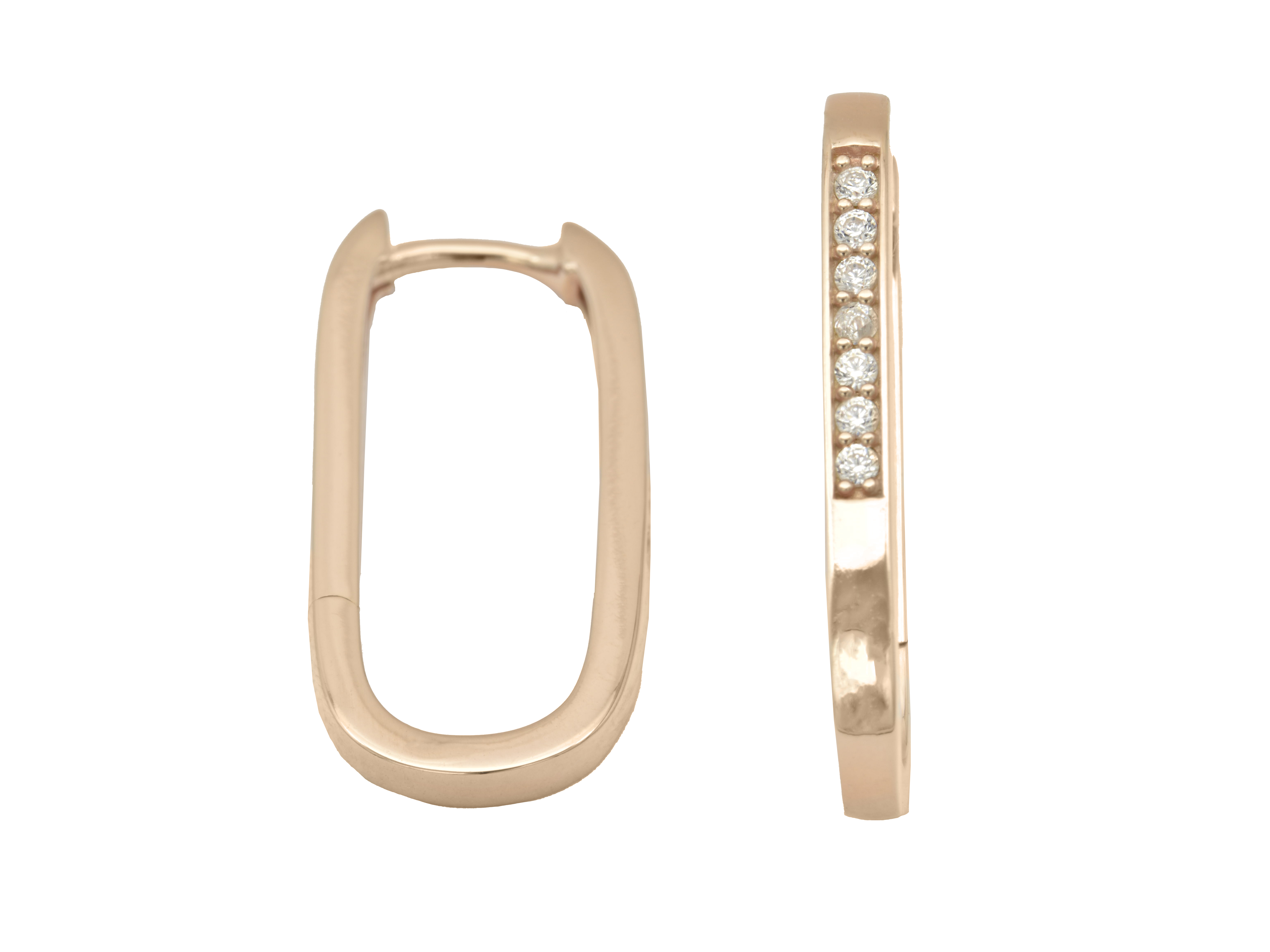 Ovaler Creolen Ohrringe aus Sterling Silber roségold vergoldet mit polierter Oberfläche und weißen Zirkonia, Hersteller Juwelier Harnisch, Größe 2,3 cm bis 25 mm.