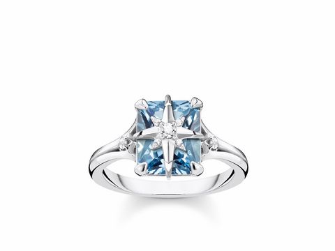 Silberner Thomas Sabo Ring TR2288-644-1-52 mit blauem Stein und funkelndem Glitzerstein, Größe 52, stilvolles Schmuckstück für besondere Anlässe.
