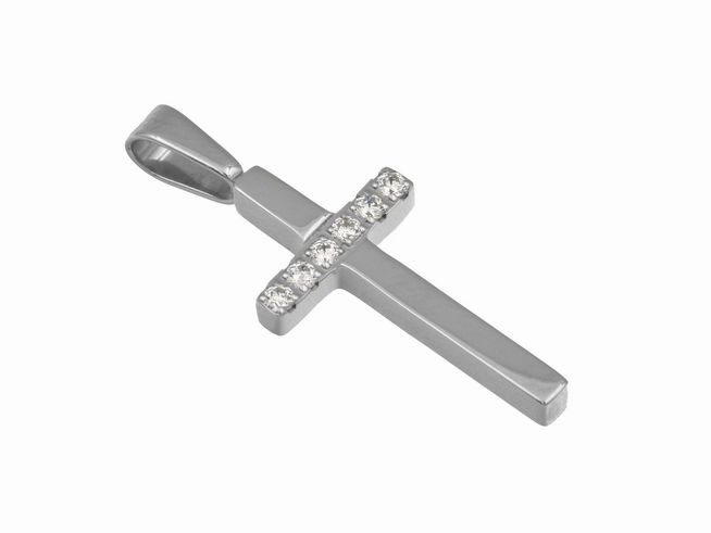 Edelstahl Kreuz Anhänger poliert mit Zirkonia, hergestellt von Juwelier Harnisch, elegantes Design ideal für Schmuckliebhaber.