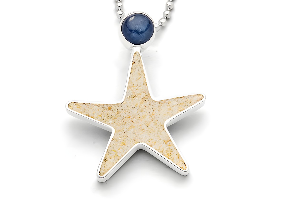 Sterling Silber Anhänger in Form eines Sandseesterns mit rhodiniertem Finish, verziert mit Kyanit und Strandsand, Hersteller DUR.