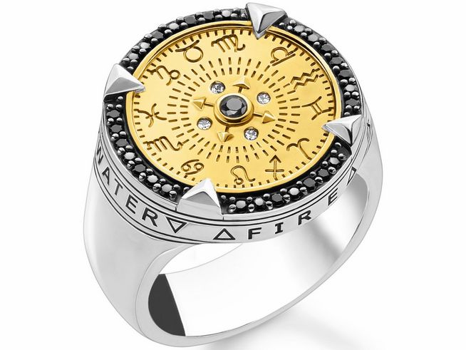 Thomas Sabo Ring TR2329-849-7-54 aus Sterling Silber, vergoldet mit Gelbgold, geschwärzt und besetzt mit mehrfarbigem Zirkonia, Größe 54, auffälliges Design mit Elementen und Symbolen.