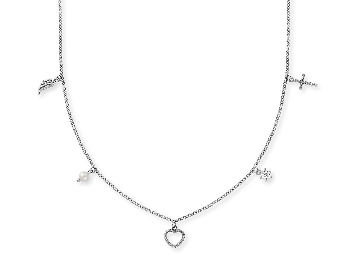 Elegante Engelsrufer Kette aus Silber mit dem Motiv Glaube, Liebe und Hoffnung, verziert mit Zirkonia, einer Perle sowie charmanten Anhängern in Herz- und Kreuzform, Länge 42 plus 4 plus 4 cm.