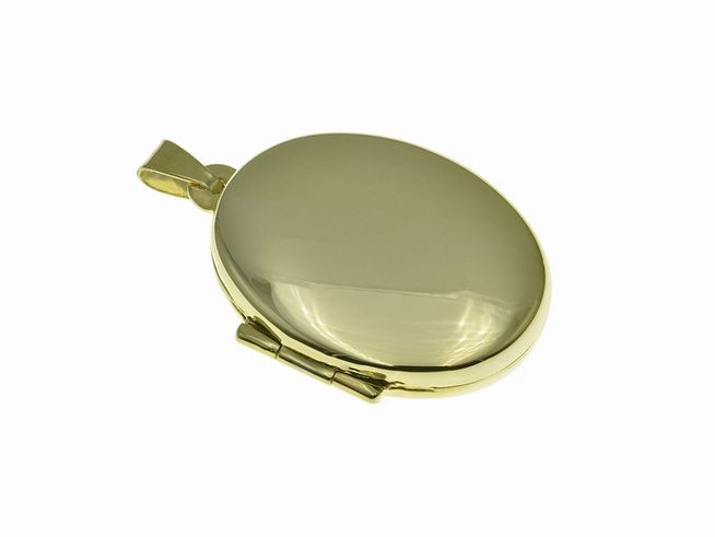 Medaillon oval poliert aus Sterling Silber mit Gold auf Silber, hergestellt von Juwelier Harnisch, vergoldet in Gelbgold, elegante und zeitlose Form, ideal für persönliche Erinnerungen.
