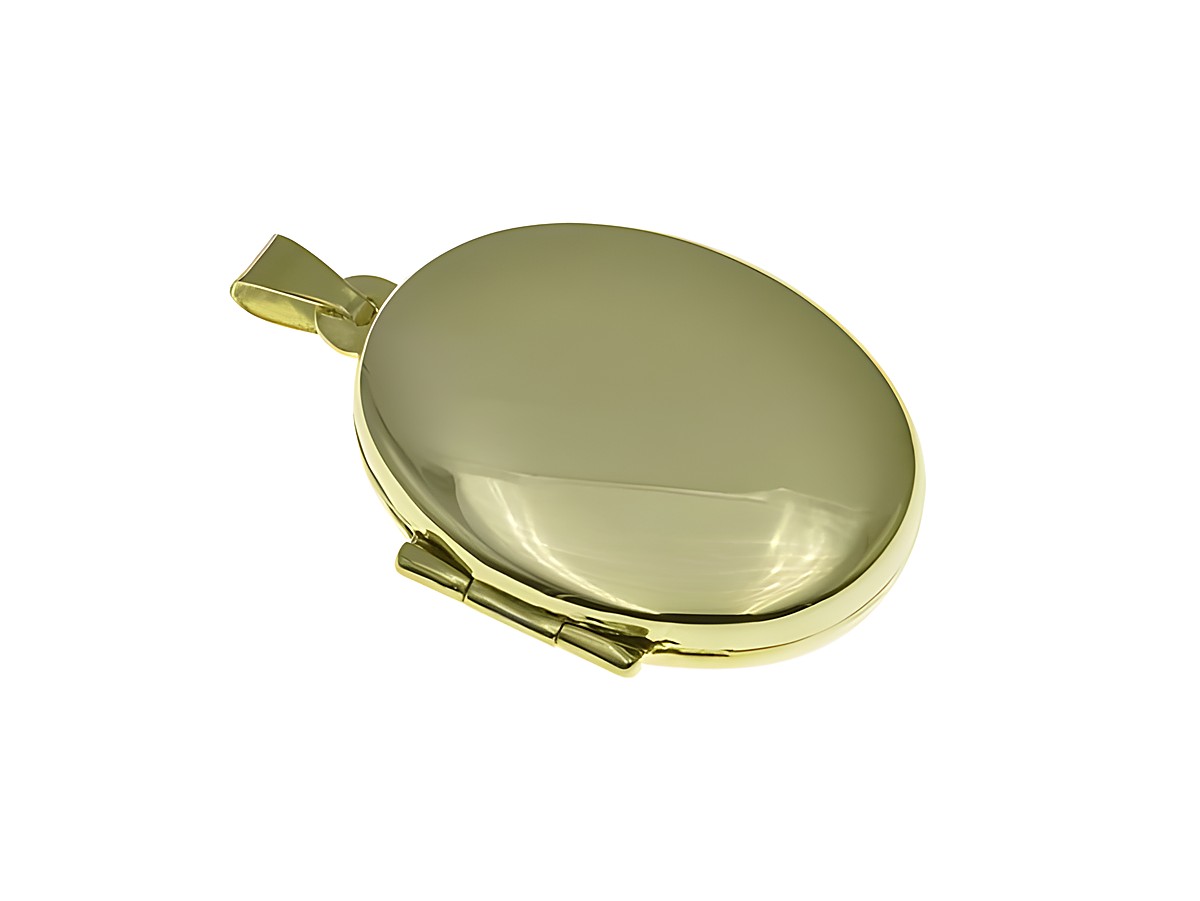 Medaillon oval poliert aus Sterling Silber mit Gold auf Silber, hergestellt von Juwelier Harnisch, vergoldet in Gelbgold, elegante und zeitlose Form, ideal für persönliche Erinnerungen.