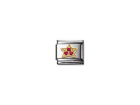 Nomination Classic FUN Zirkonia Stern ROT 030308 02 zeigt einen silbernen Charm mit einem goldenen Stern und drei roten Zirkonia-Steinen, ideal für individuelle Armbänder.