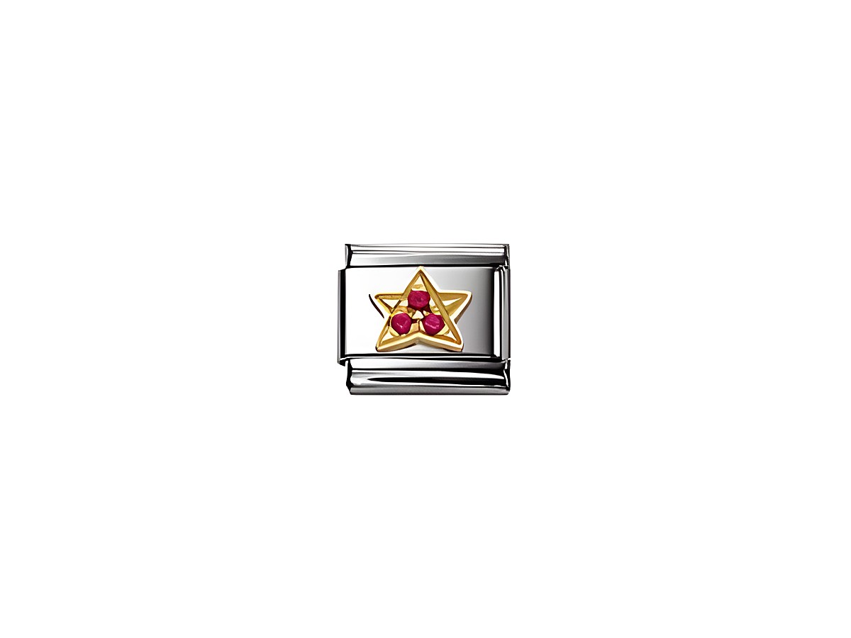Nomination Classic FUN Zirkonia Stern ROT 030308 02 zeigt einen silbernen Charm mit einem goldenen Stern und drei roten Zirkonia-Steinen, ideal für individuelle Armbänder.