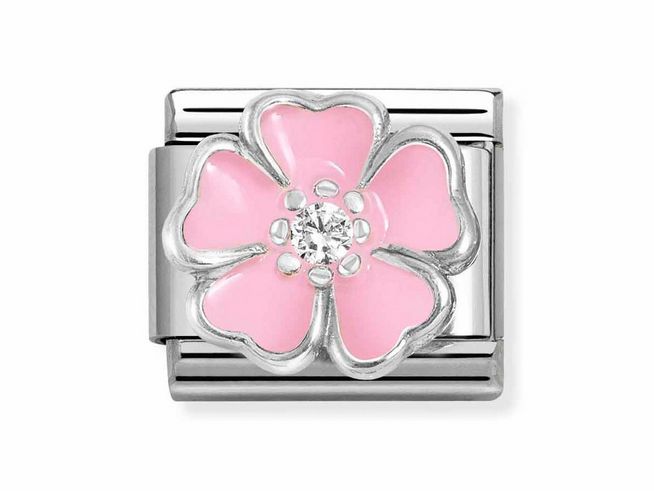 433032114-0 Silbernes Schmuckelement von Nomination mit einer rosa Pfirsichblüte aus Emaille und einem Zirkonia in der Mitte, ideal für Armbänder im Silvershine Design.