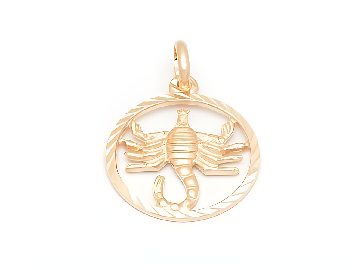 Skorpion Sternzeichen Anhänger aus Sterling Silber diamantiert und rosé vergoldet, gefertigt vom Juwelier Harnisch, dargestellt in einem runden Rahmen.