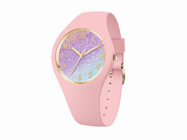 Die Ice Watch Uhr 022569 in Pink mit glitzerndem Zifferblatt zeigt eine harmonische Farbkombination aus Rosa und Lila, kombiniert mit goldenen Akzenten. Ideal für modische Akzente.