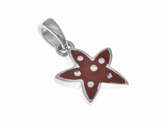 Hängender Seestern aus rhodiniertem Silber mit rotem Lack, gestaltet für Kinder, Hersteller Juwelier Harnisch, maritimes Design.