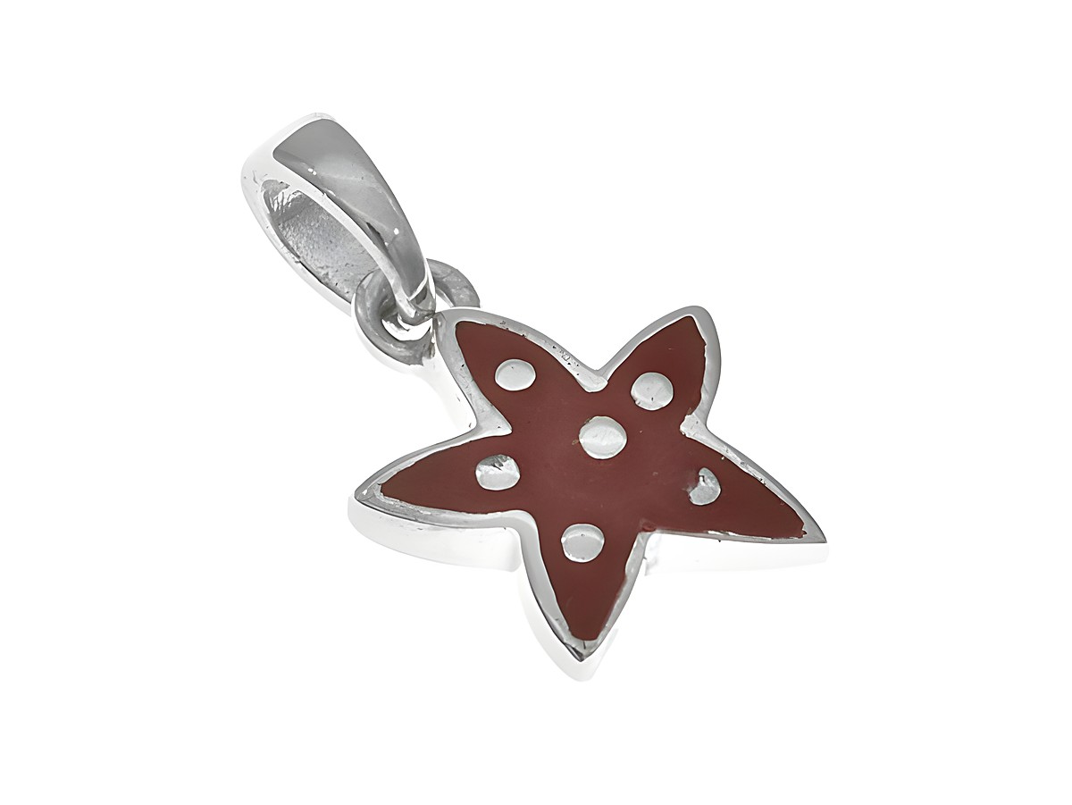 Hängender Seestern aus rhodiniertem Silber mit rotem Lack, gestaltet für Kinder, Hersteller Juwelier Harnisch, maritimes Design.